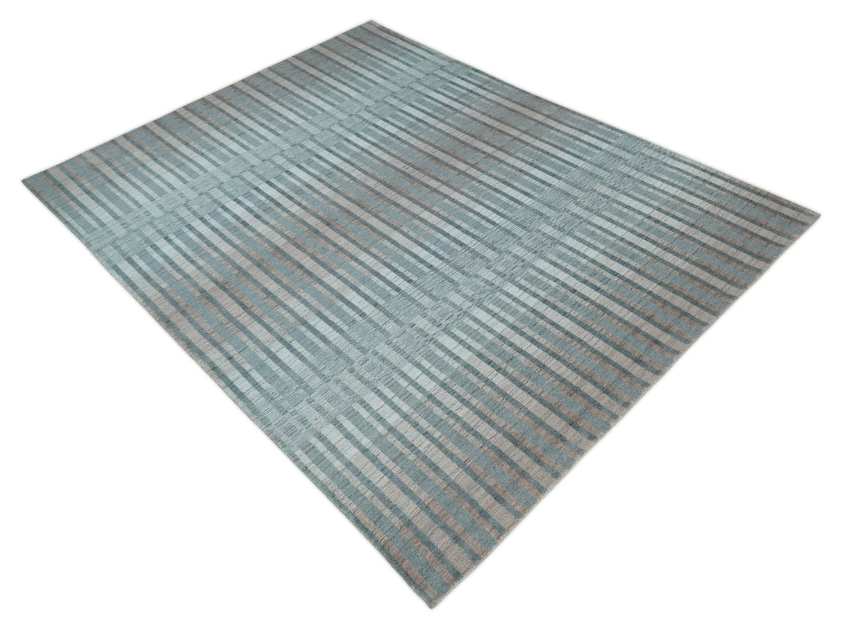 Hand Made 8x10 Modern Stripes Peach, Gray and Silver Blended Wool Area Rug