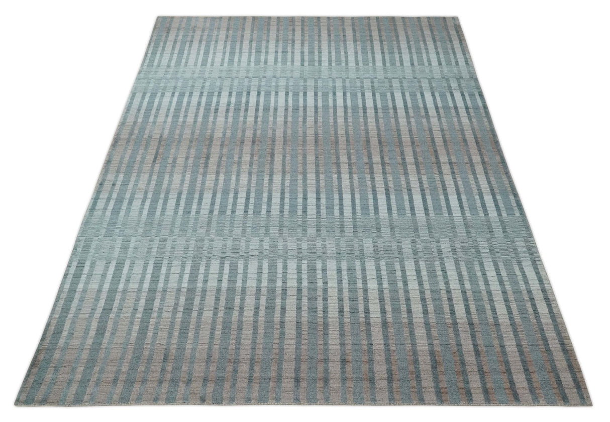 Hand Made 8x10 Modern Stripes Peach, Gray and Silver Blended Wool Area Rug
