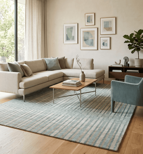 Hand Made 8x10 Modern Stripes Peach, Gray and Silver Blended Wool Area Rug