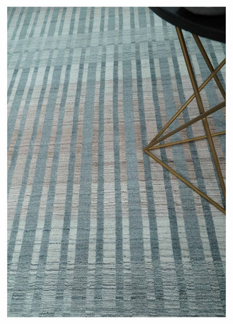 Hand Made 8x10 Modern Stripes Peach, Gray and Silver Blended Wool Area Rug