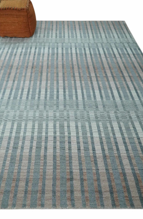 Hand Made 8x10 Modern Stripes Peach, Gray and Silver Blended Wool Area Rug