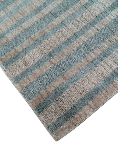 Hand Made 8x10 Modern Stripes Peach, Gray and Silver Blended Wool Area Rug