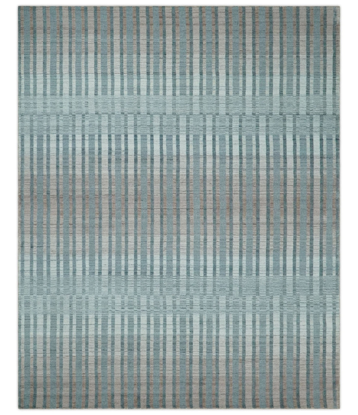 Hand Made 8x10 Modern Stripes Peach, Gray and Silver Blended Wool Area Rug