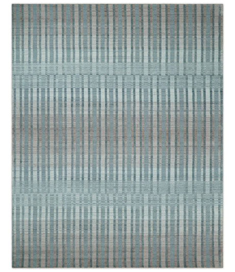 Hand Made 8x10 Modern Stripes Peach, Gray and Silver Blended Wool Area Rug