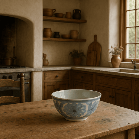 Hand-Painted Blue & White Stoneware Bowl – Floral Design-Bowls and Trays-Parc Decor