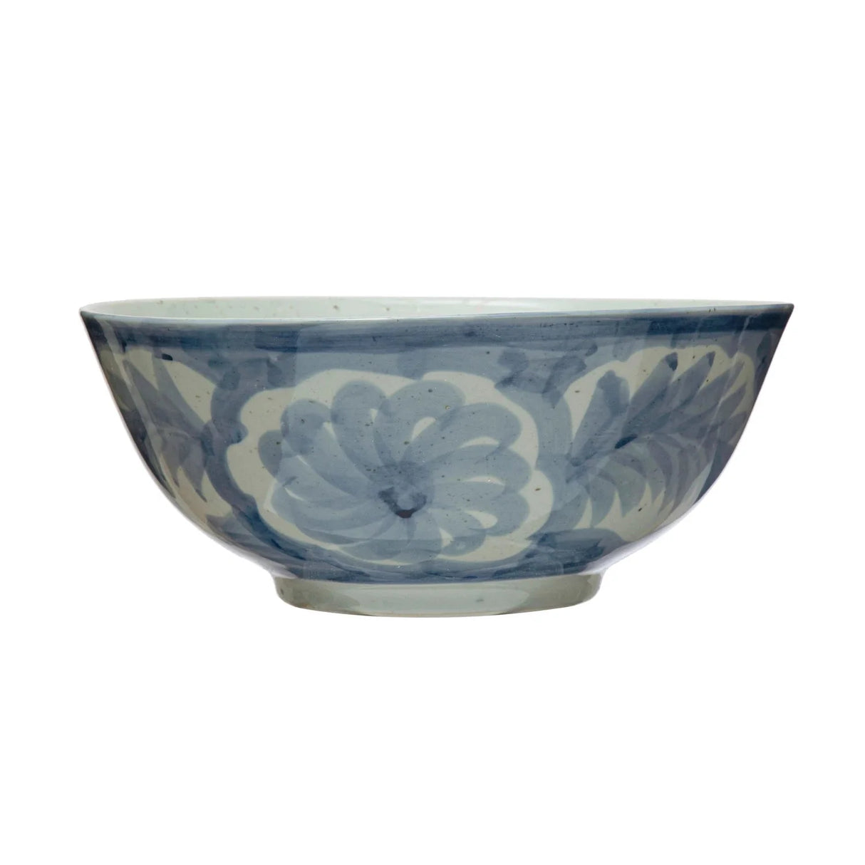 Hand-Painted Blue & White Stoneware Bowl – Floral Design-Bowls and Trays-Parc Decor