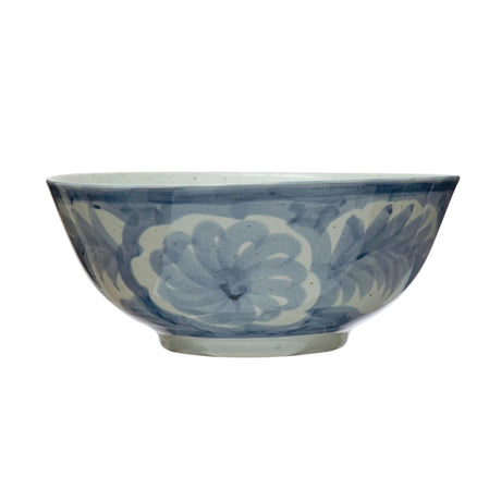 Hand-Painted Blue & White Stoneware Bowl – Floral Design-Bowls and Trays-Parc Decor