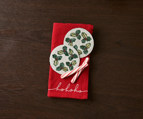 Hand-sewn Embroidery Seed Beaded Coasters | Red Berry Foliage Christmas Design | Payton James Holiday Table Decor-Table tops-Parc Decor