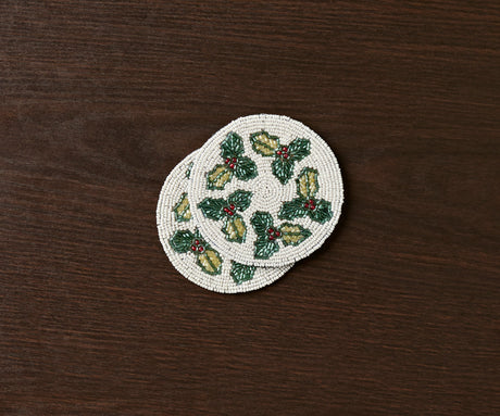Hand-sewn Embroidery Seed Beaded Coasters | Red Berry Foliage Christmas Design | Payton James Holiday Table Decor-Table tops-Parc Decor