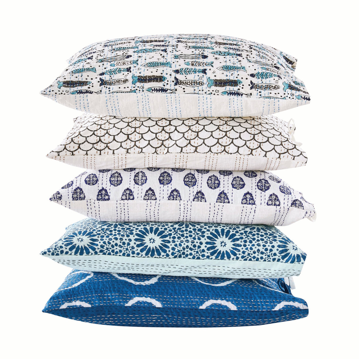 Hand Stitched Block Print Kantha Pillow Sham Pairs