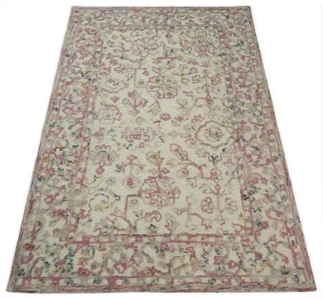 Hand Tufted 5x8 Pink and Beige Wool Textured Loop Area Rug