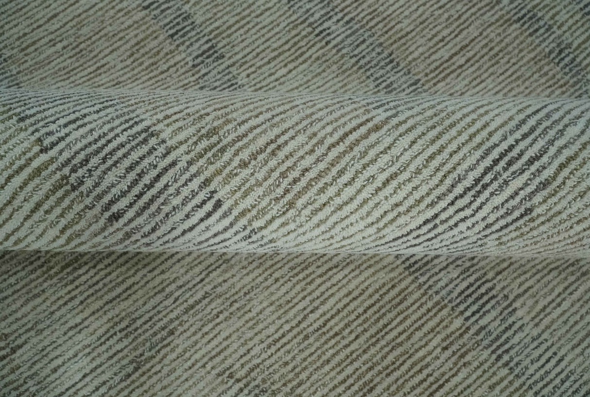 Hand Tufted 8x10 Ivory, Olive and Charcoal Modern Abstract Stripes Design Rug