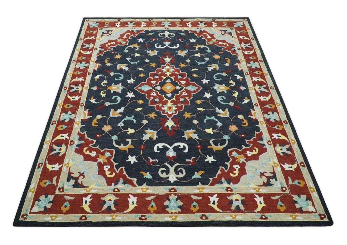 Hand Tufted Black, Rust and Beige Persian Style Wool Area Rug