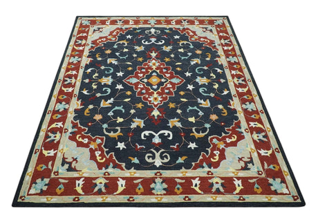 Hand Tufted Black, Rust and Beige Persian Style Wool Area Rug