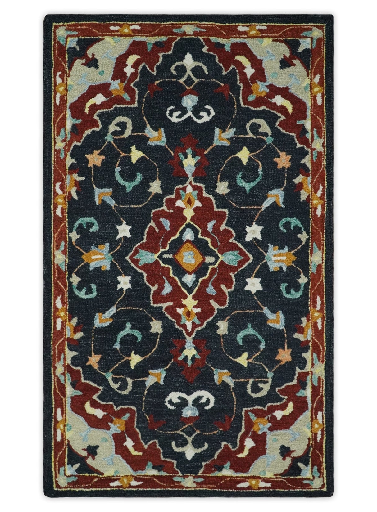 Hand Tufted Black, Rust and Beige Persian Style Wool Area Rug