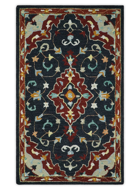 Hand Tufted Black, Rust and Beige Persian Style Wool Area Rug