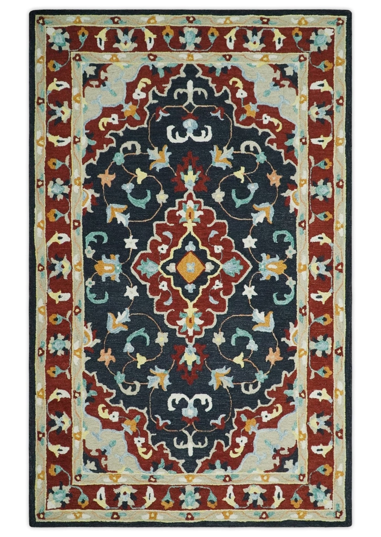 Hand Tufted Black, Rust and Beige Persian Style Wool Area Rug