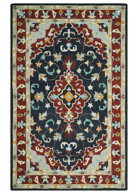 Hand Tufted Black, Rust and Beige Persian Style Wool Area Rug