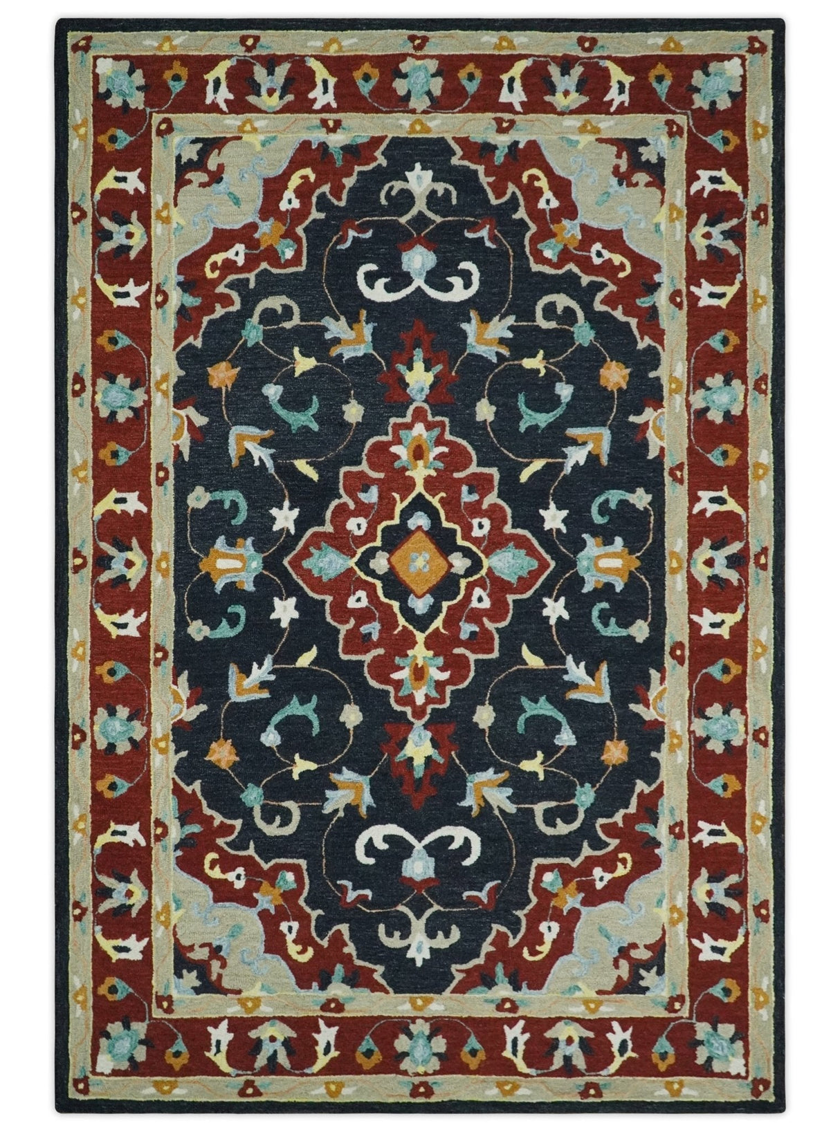 Hand Tufted Black, Rust and Beige Persian Style Wool Area Rug