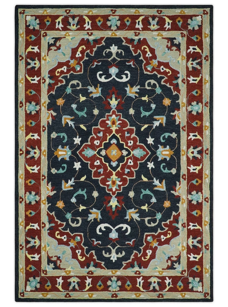 Hand Tufted Black, Rust and Beige Persian Style Wool Area Rug