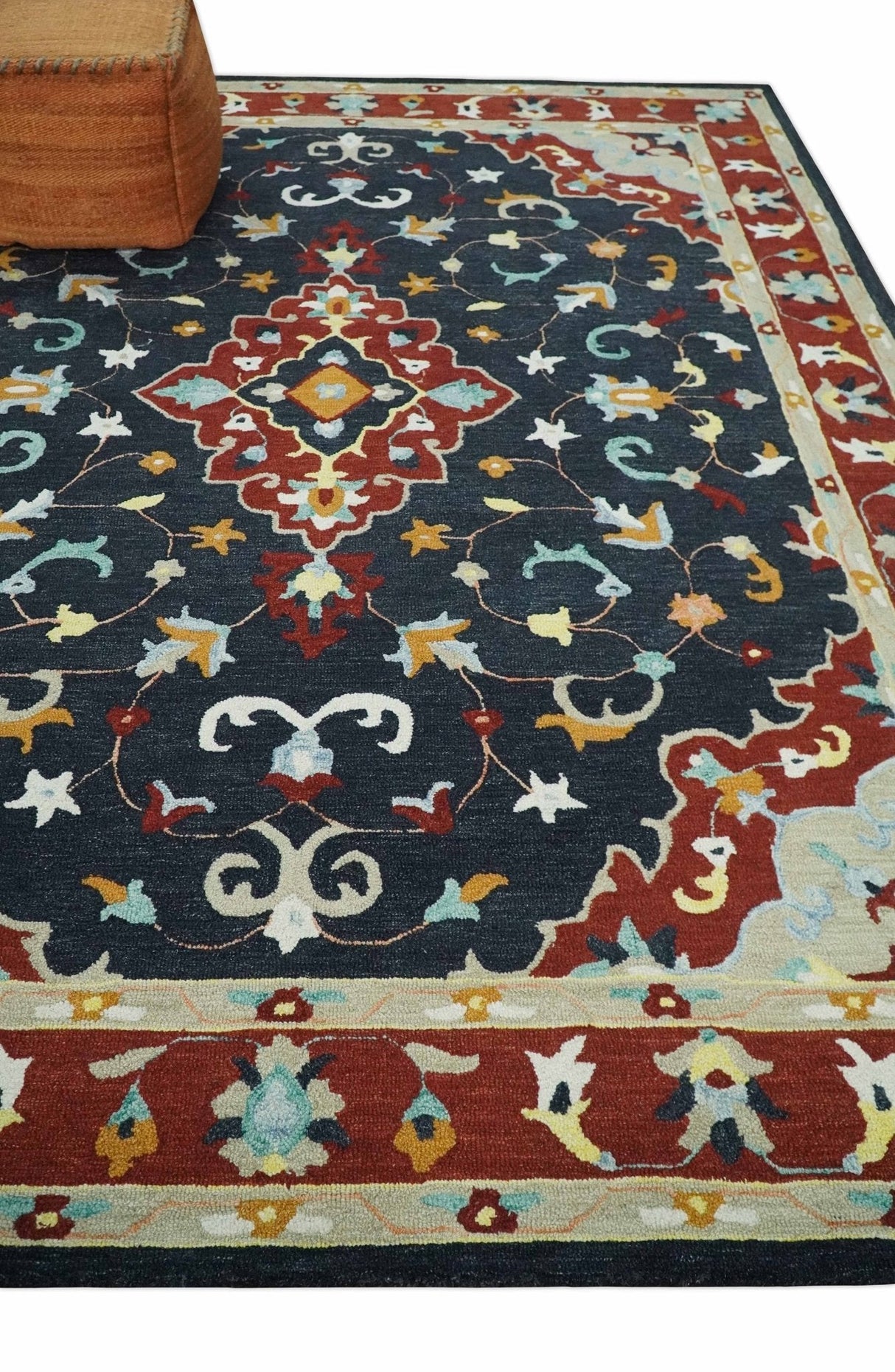 Hand Tufted Black, Rust and Beige Persian Style Wool Area Rug