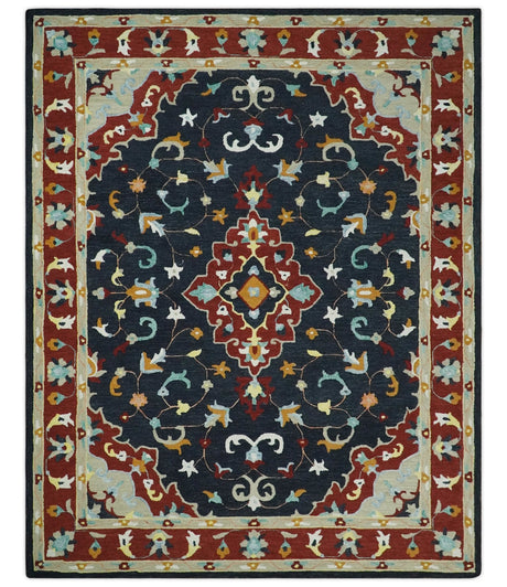 Hand Tufted Black, Rust and Beige Persian Style Wool Area Rug