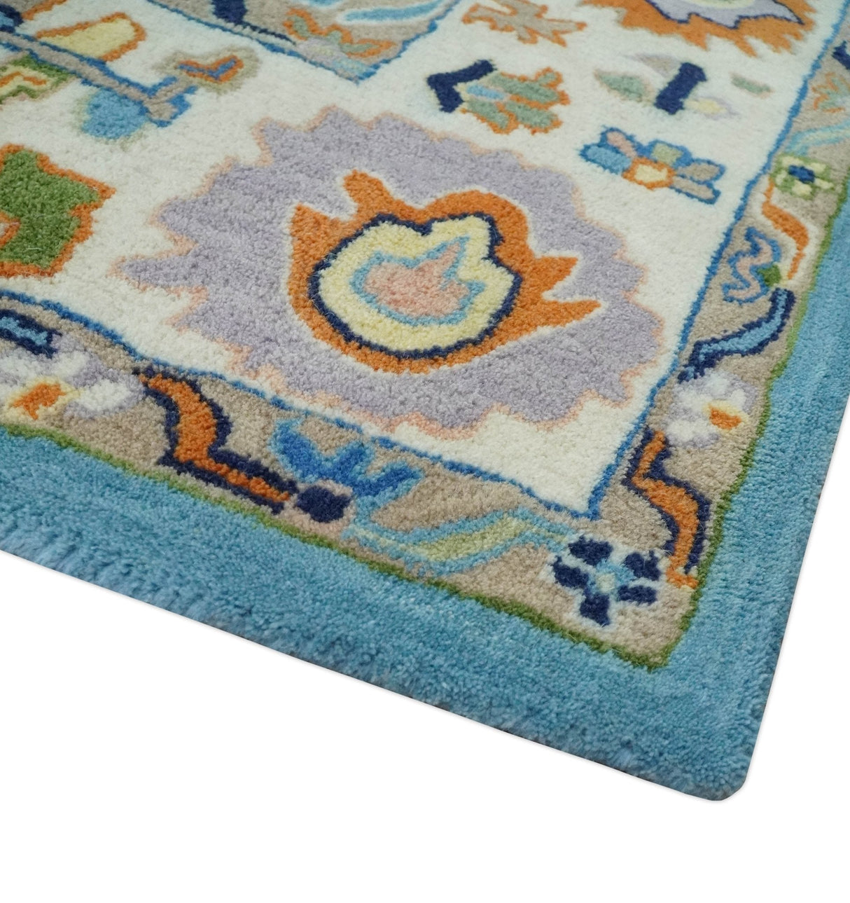 Hand Tufted Blue and Ivory Multi Size Modern Colorful Oushak Rug