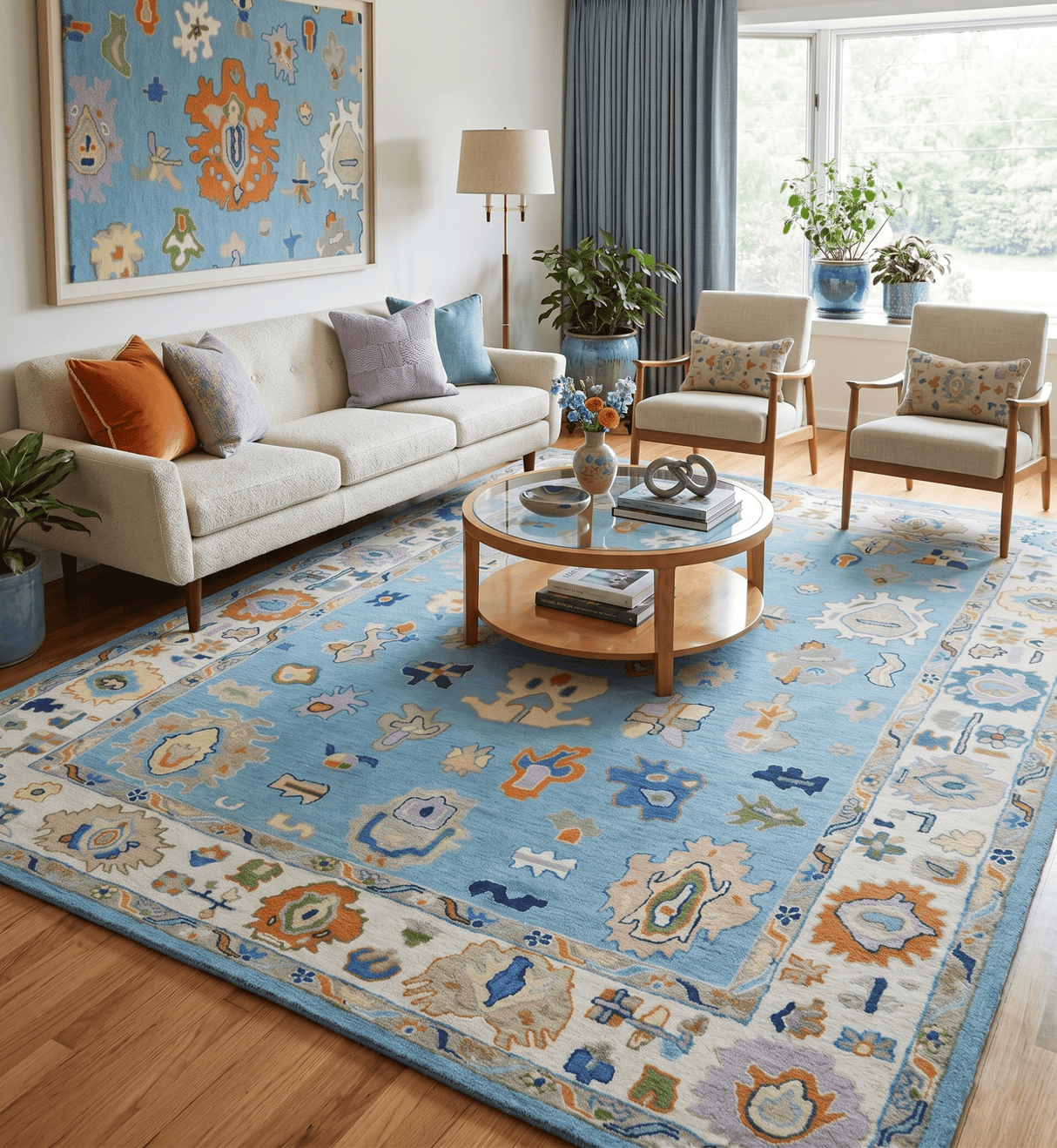 Hand Tufted Blue and Ivory Multi Size Modern Colorful Oushak Rug