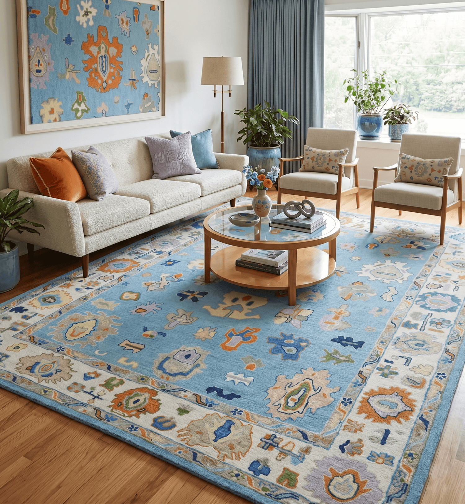 Hand Tufted Blue and Ivory Multi Size Modern Colorful Oushak Rug