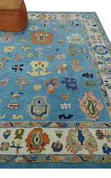 Hand Tufted Blue and Ivory Multi Size Modern Colorful Oushak Rug