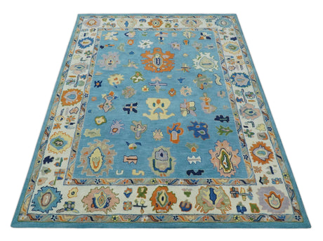 Hand Tufted Blue and Ivory Multi Size Modern Colorful Oushak Rug