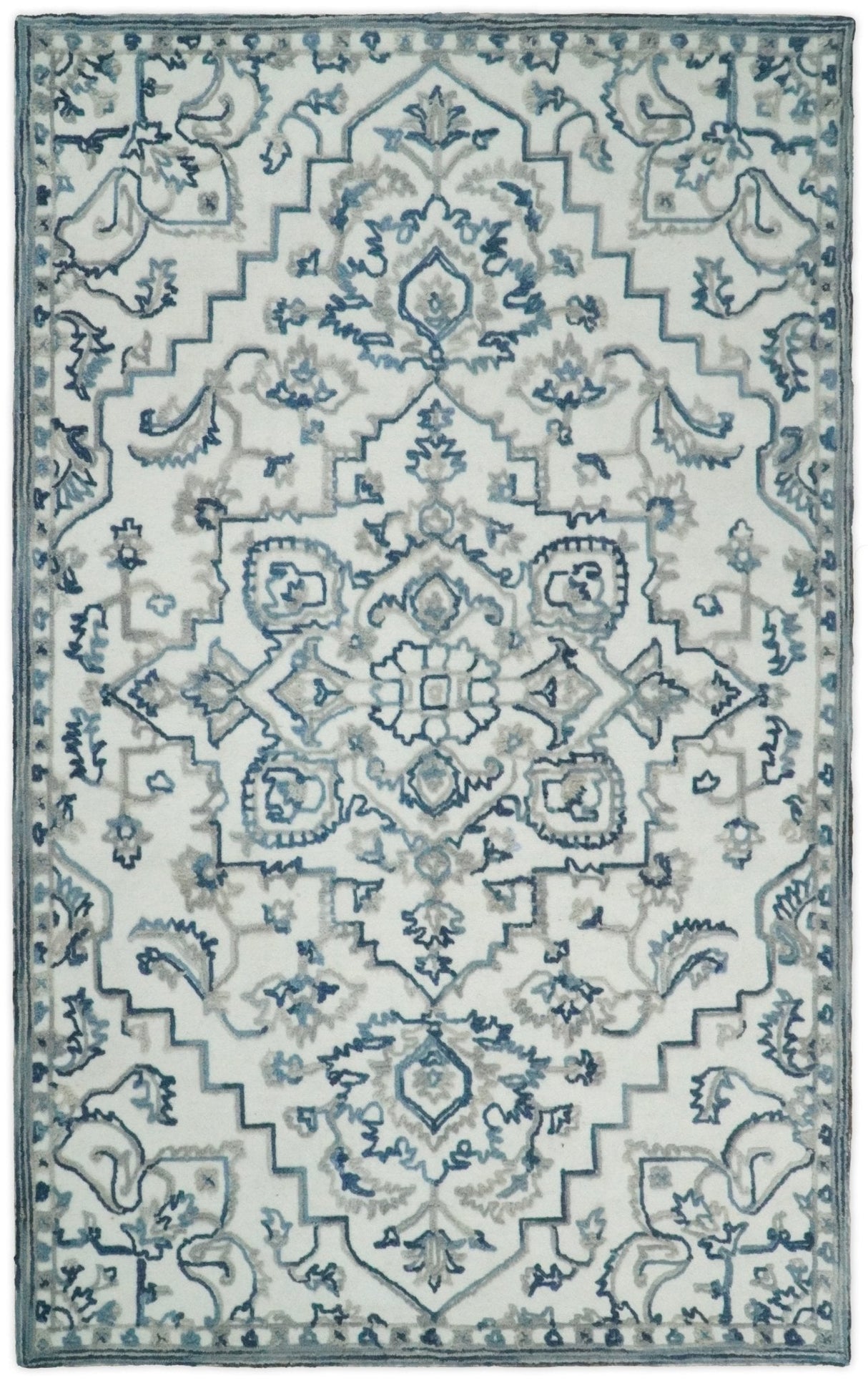 Hand Tufted Blue and Ivory Wool Textured Loop 5x8 Area Rug