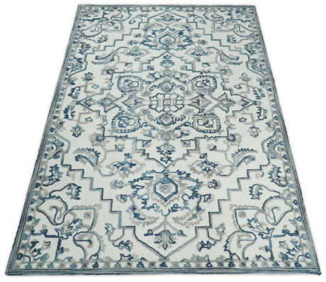 Hand Tufted Blue and Ivory Wool Textured Loop 5x8 Area Rug