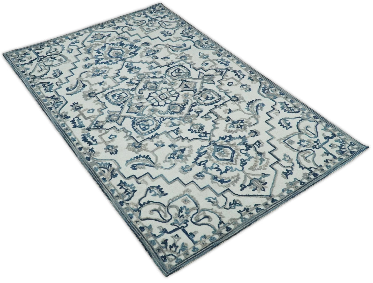 Hand Tufted Blue and Ivory Wool Textured Loop 5x8 Area Rug