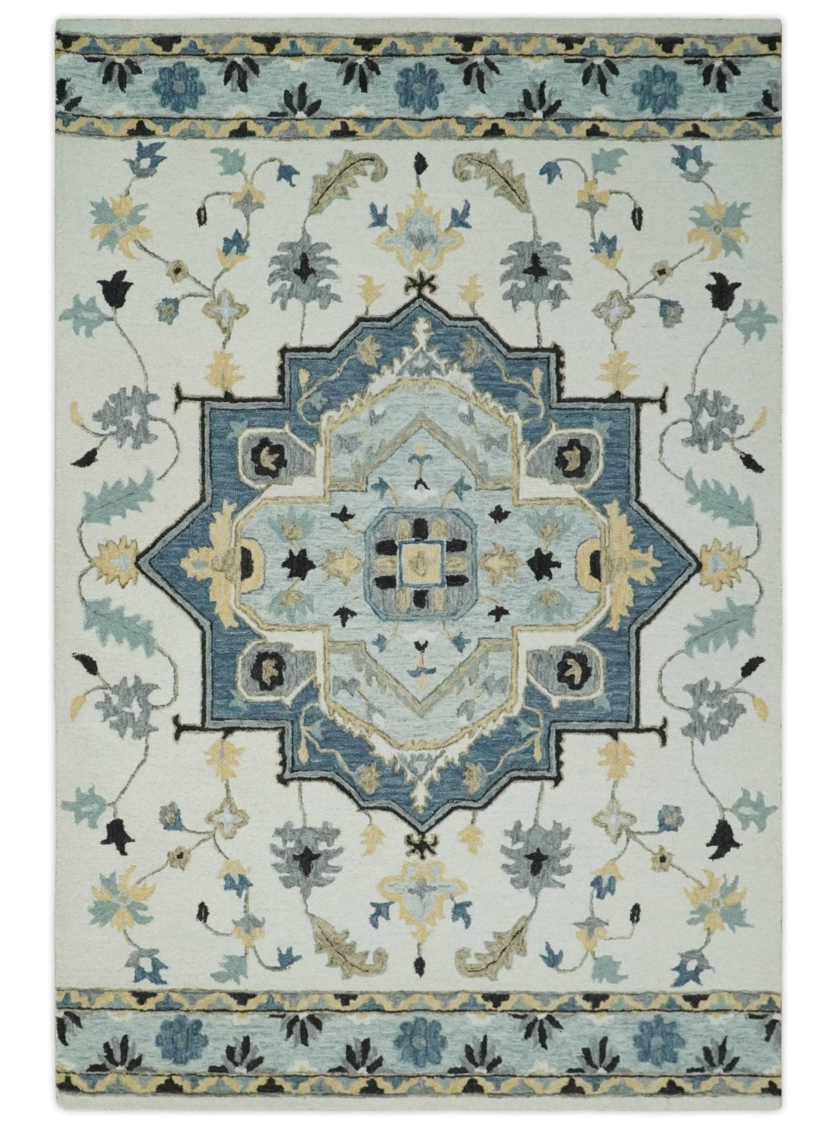 Hand Tufted Blue, Camel and Ivory Medallion Design Wool Area Rug
