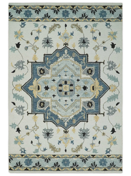 Hand Tufted Blue, Camel and Ivory Medallion Design Wool Area Rug