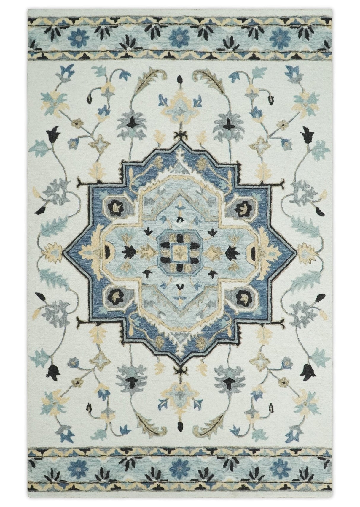 Hand Tufted Blue, Camel and Ivory Medallion Design Wool Area Rug