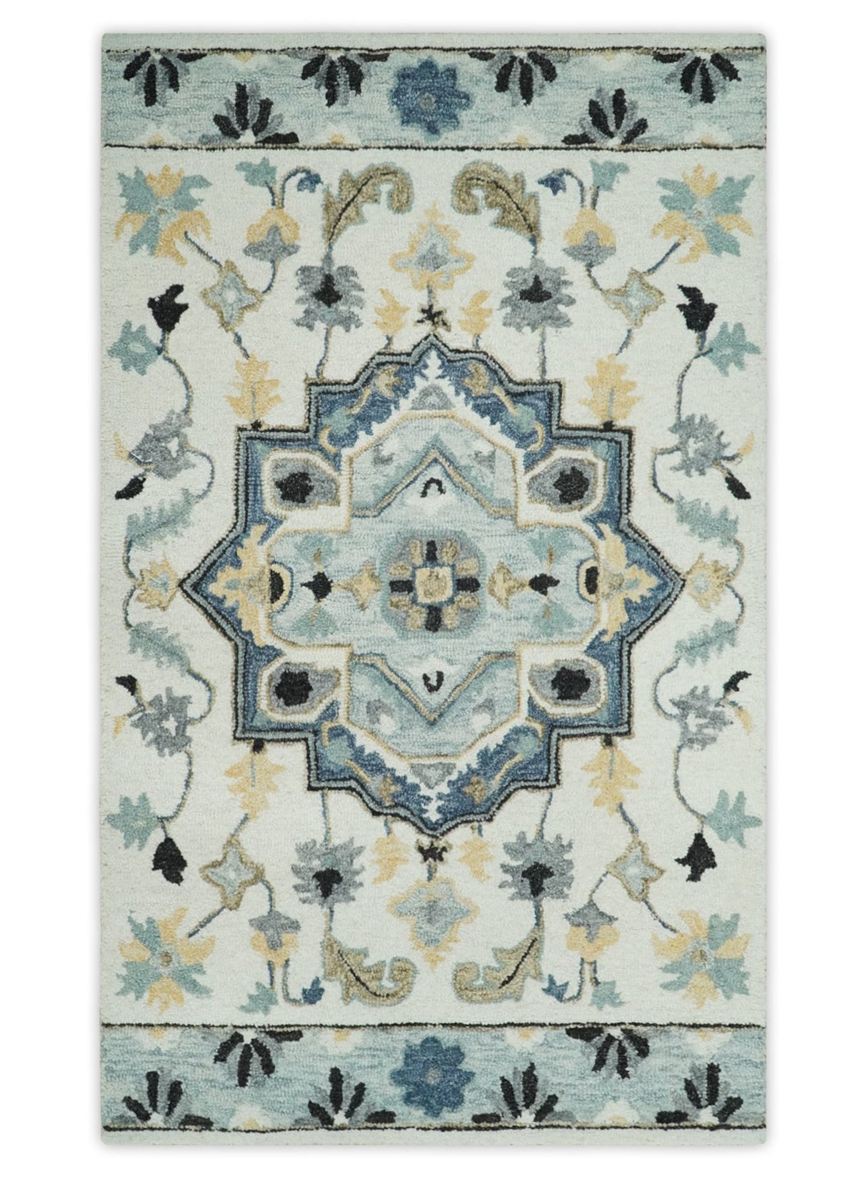 Hand Tufted Blue, Camel and Ivory Medallion Design Wool Area Rug