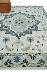 Hand Tufted Blue, Camel and Ivory Medallion Design Wool Area Rug