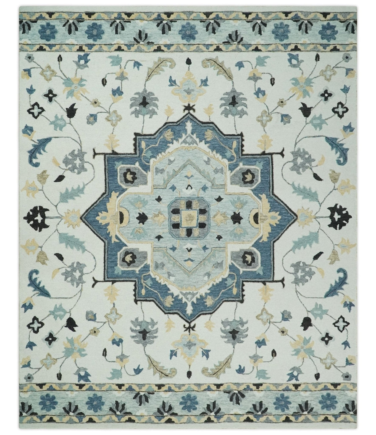 Hand Tufted Blue, Camel and Ivory Medallion Design Wool Area Rug