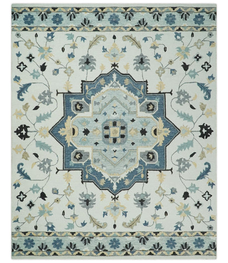 Hand Tufted Blue, Camel and Ivory Medallion Design Wool Area Rug