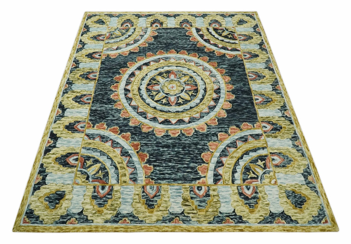 Hand Tufted Blue, Rust and Moss Gold Colorful Wool Area Rug