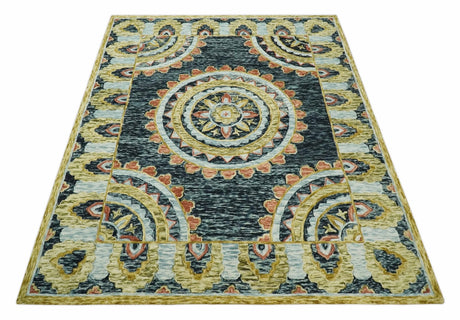 Hand Tufted Blue, Rust and Moss Gold Colorful Wool Area Rug