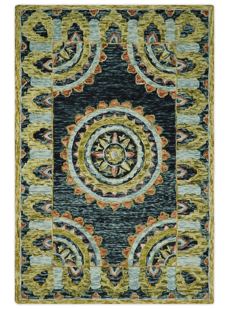 Hand Tufted Blue, Rust and Moss Gold Colorful Wool Area Rug