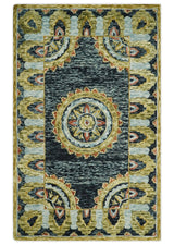 Hand Tufted Blue, Rust and Moss Gold Colorful Wool Area Rug