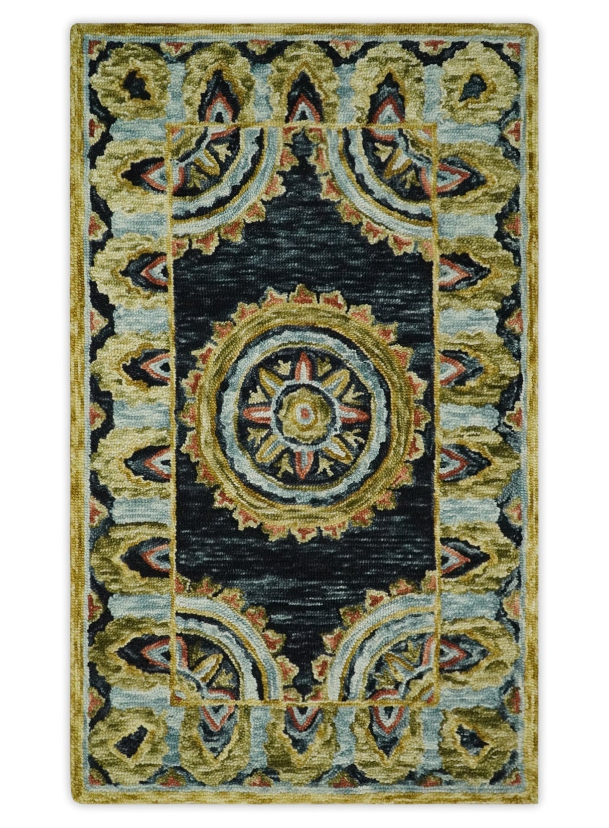 Hand Tufted Blue, Rust and Moss Gold Colorful Wool Area Rug