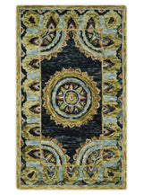 Hand Tufted Blue, Rust and Moss Gold Colorful Wool Area Rug