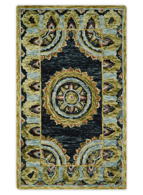 Hand Tufted Blue, Rust and Moss Gold Colorful Wool Area Rug