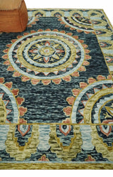 Hand Tufted Blue, Rust and Moss Gold Colorful Wool Area Rug