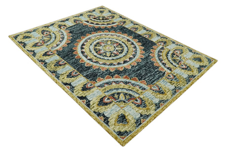 Hand Tufted Blue, Rust and Moss Gold Colorful Wool Area Rug